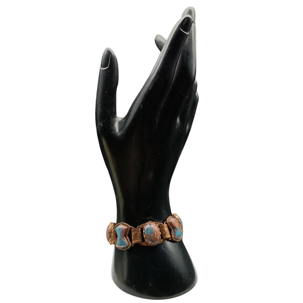 Vintage Copper Book Chain Panel Bracelet with Turquoise-Colored Fluss Lucite